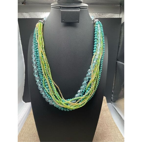VINTAGE IRIDESCENT GREEN SEED BEADS MULTI-STRANDS TORSADE NECKLACE - Picture 1 of 7